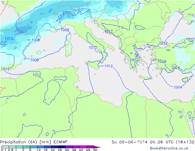 Precipitation (6h) ECMWF Su 09.06.2024 06 UTC