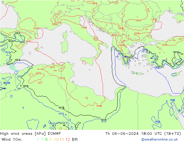 High wind areas ECMWF Th 06.06.2024 18 UTC