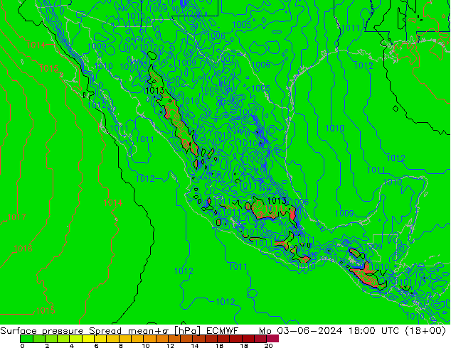 Presión superficial Spread ECMWF lun 03.06.2024 18 UTC