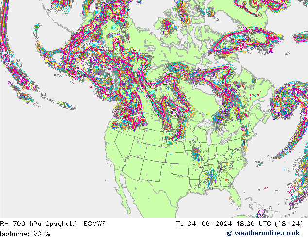 RH 700 гПа Spaghetti ECMWF вт 04.06.2024 18 UTC