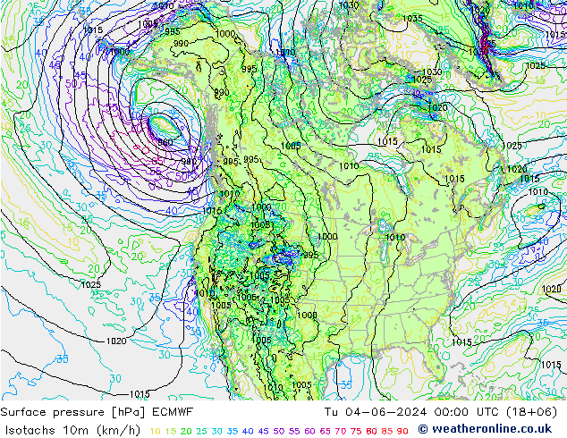 Eşrüzgar Hızları (km/sa) ECMWF Sa 04.06.2024 00 UTC