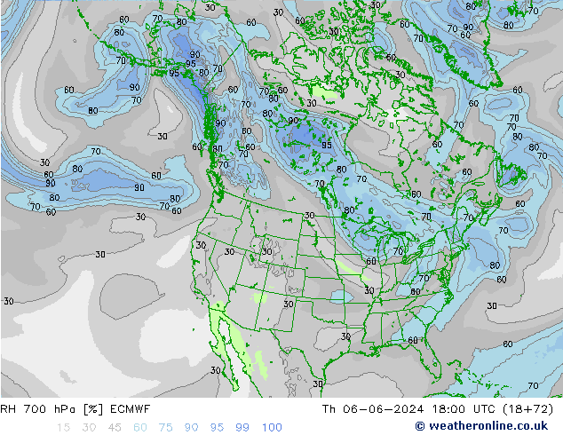 Humedad rel. 700hPa ECMWF jue 06.06.2024 18 UTC