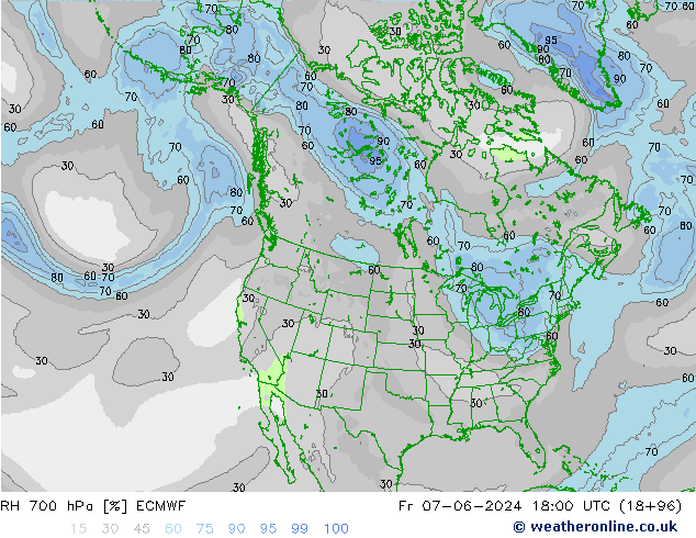 Humedad rel. 700hPa ECMWF vie 07.06.2024 18 UTC