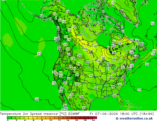 Sıcaklık Haritası 2m Spread ECMWF Cu 07.06.2024 18 UTC