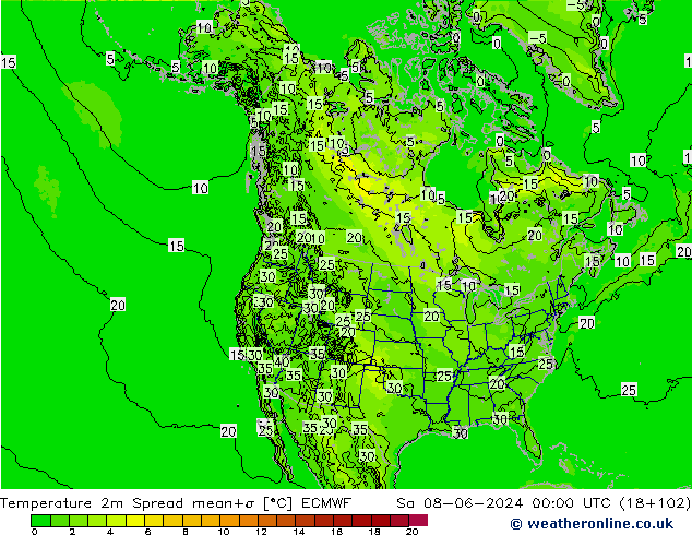 Temperature 2m Spread ECMWF Sa 08.06.2024 00 UTC