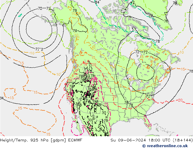 Height/Temp. 925 hPa ECMWF dom 09.06.2024 18 UTC