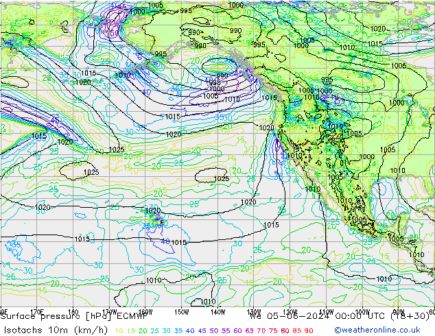 Isotaca (kph) ECMWF mié 05.06.2024 00 UTC