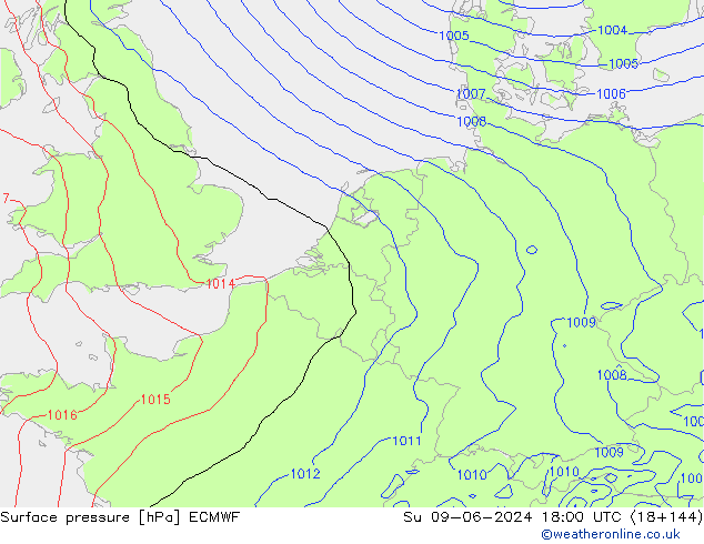 Atmosférický tlak ECMWF Ne 09.06.2024 18 UTC