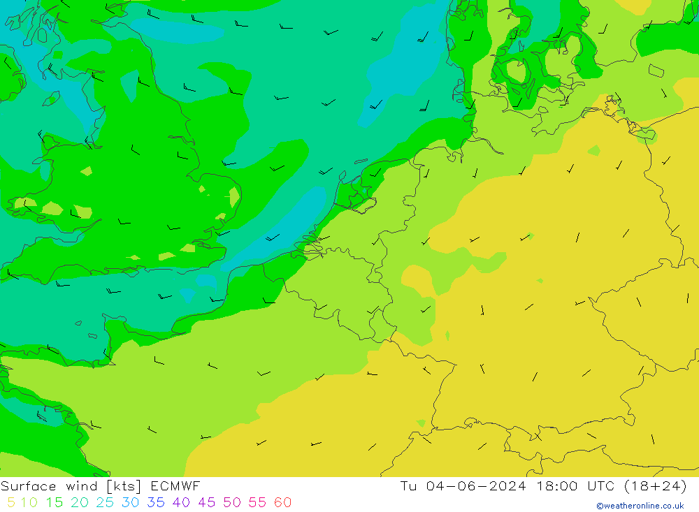 wiatr 10 m ECMWF wto. 04.06.2024 18 UTC