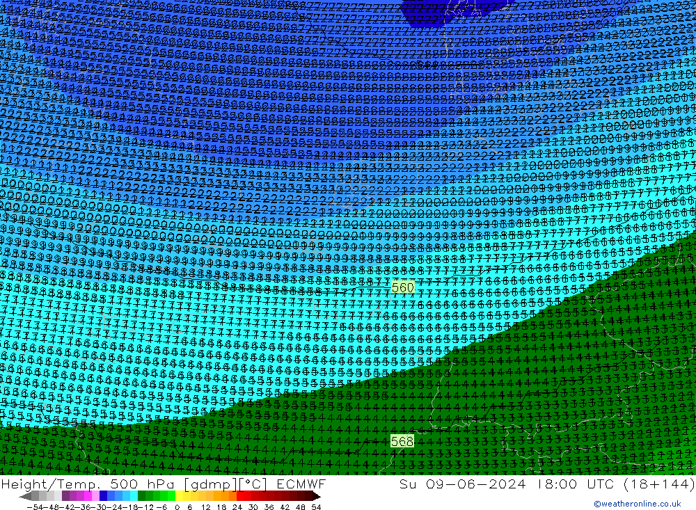 Yükseklik/Sıc. 500 hPa ECMWF Paz 09.06.2024 18 UTC