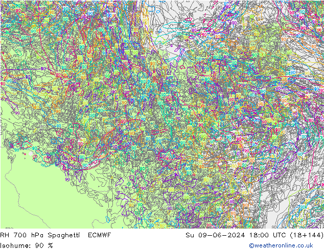 RH 700 гПа Spaghetti ECMWF Вс 09.06.2024 18 UTC