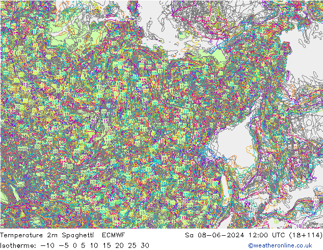 Temperatura 2m Spaghetti ECMWF sáb 08.06.2024 12 UTC