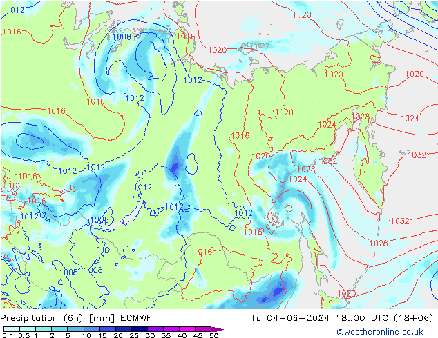 Precipitation (6h) ECMWF Tu 04.06.2024 00 UTC