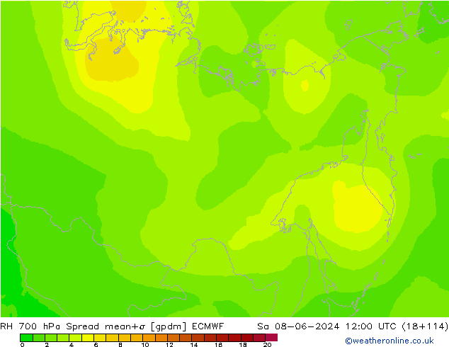 Humedad rel. 700hPa Spread ECMWF sáb 08.06.2024 12 UTC