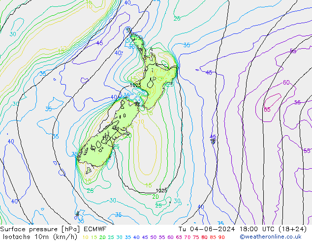 Isotachs (kph) ECMWF  04.06.2024 18 UTC