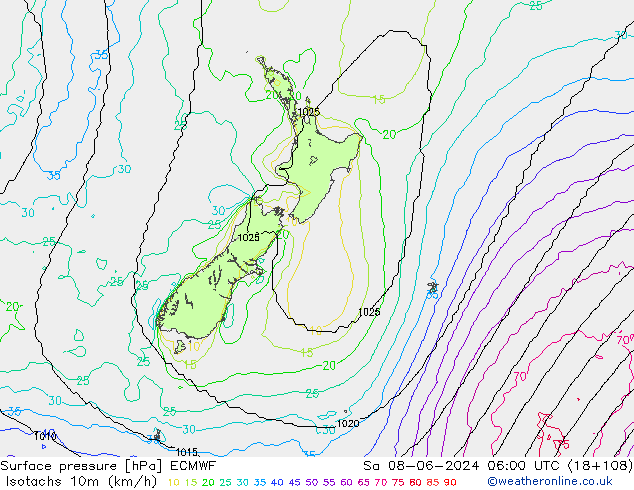 Isotachs (kph) ECMWF sam 08.06.2024 06 UTC