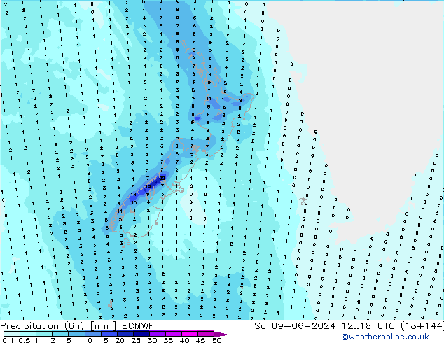 Nied. akkumuliert (6Std) ECMWF So 09.06.2024 18 UTC