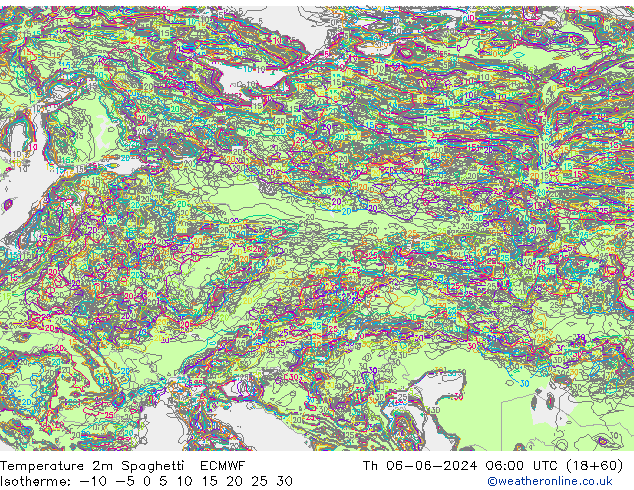 Temperatura 2m Spaghetti ECMWF jue 06.06.2024 06 UTC