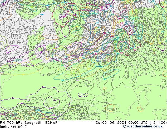 Humedad rel. 700hPa Spaghetti ECMWF dom 09.06.2024 00 UTC