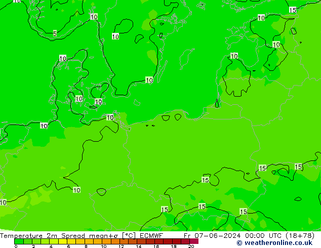 Temperatura 2m Spread ECMWF ven 07.06.2024 00 UTC