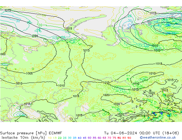 Isotachs (kph) ECMWF Tu 04.06.2024 00 UTC