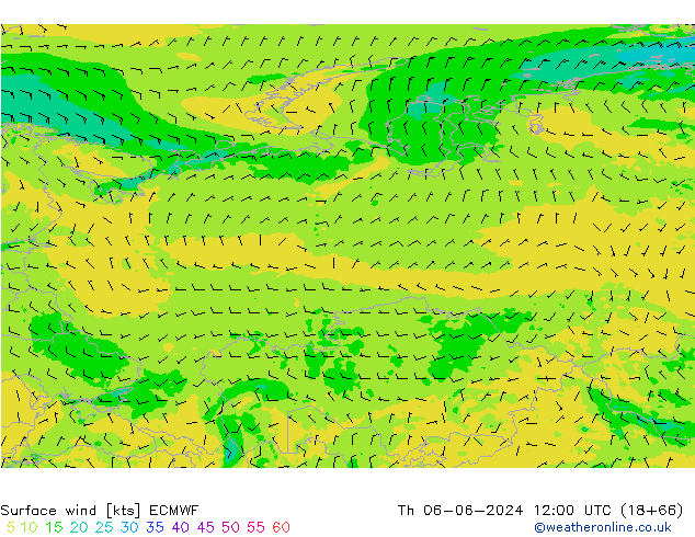 Surface wind ECMWF Čt 06.06.2024 12 UTC