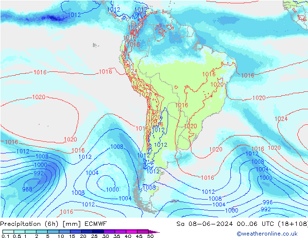 Precipitación (6h) ECMWF sáb 08.06.2024 06 UTC