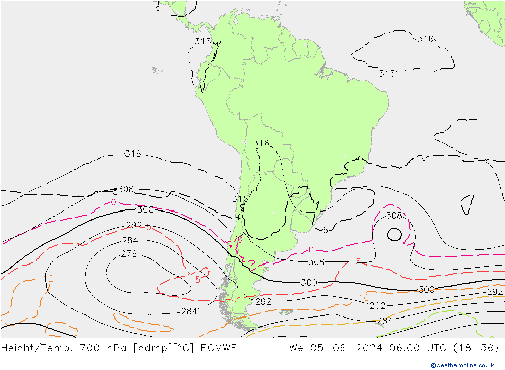 Height/Temp. 700 hPa ECMWF Qua 05.06.2024 06 UTC