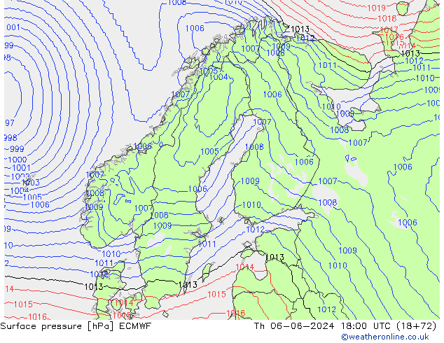 Atmosférický tlak ECMWF Čt 06.06.2024 18 UTC