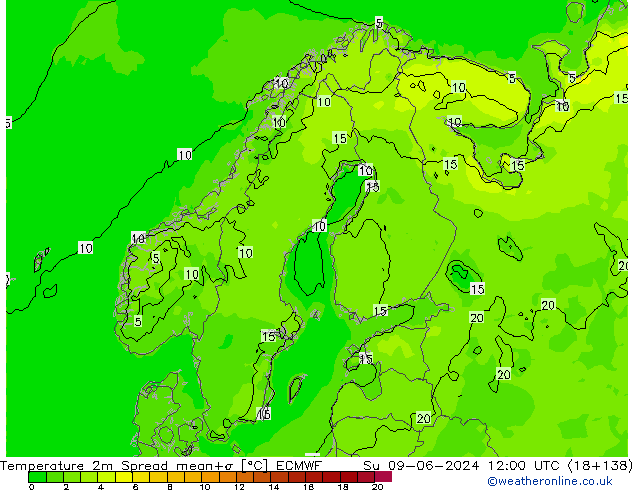 Temperaturkarte Spread ECMWF So 09.06.2024 12 UTC