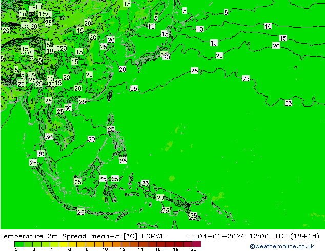 Temperature 2m Spread ECMWF Tu 04.06.2024 12 UTC