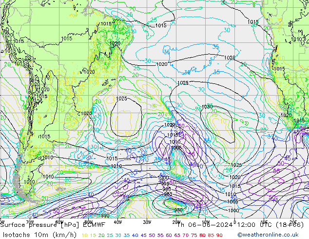 Isotachs (kph) ECMWF  06.06.2024 12 UTC