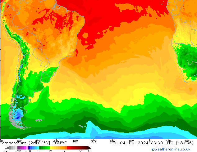 Temperature (2m) ECMWF Tu 04.06.2024 00 UTC