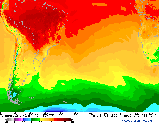 Temperature (2m) ECMWF Tu 04.06.2024 18 UTC