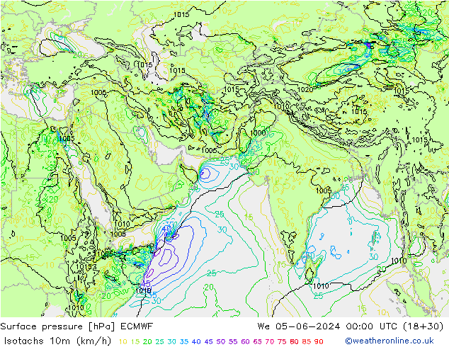 Isotachs (kph) ECMWF mer 05.06.2024 00 UTC