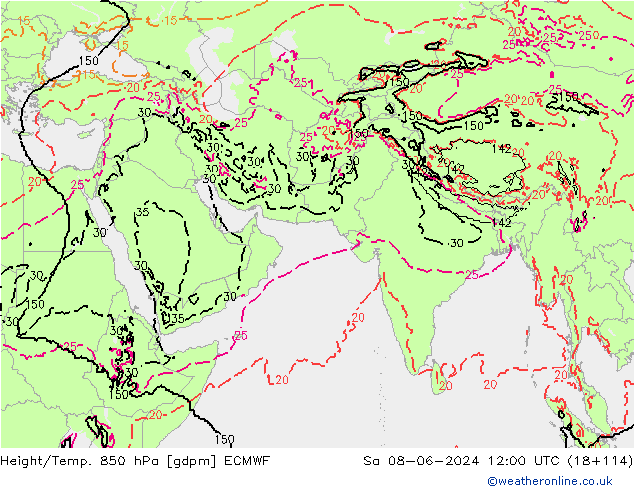 Hoogte/Temp. 850 hPa ECMWF za 08.06.2024 12 UTC