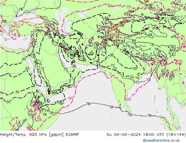 Geop./Temp. 925 hPa ECMWF dom 09.06.2024 18 UTC