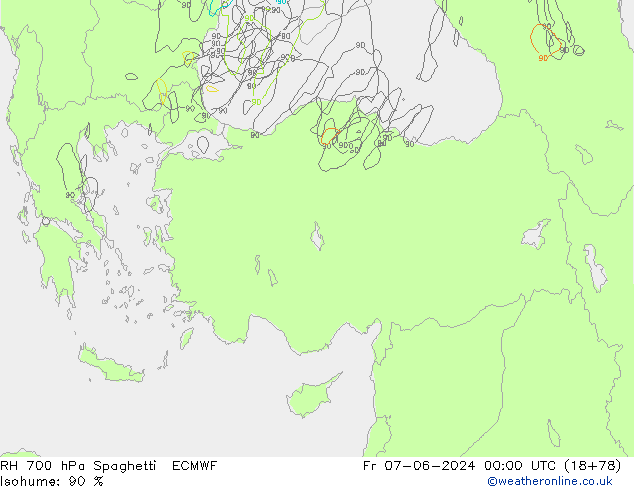 RH 700 hPa Spaghetti ECMWF Pá 07.06.2024 00 UTC