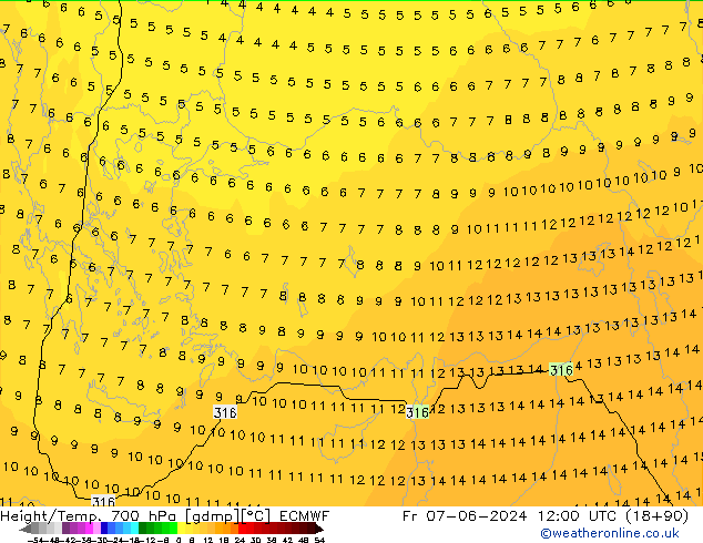 Hoogte/Temp. 700 hPa ECMWF vr 07.06.2024 12 UTC