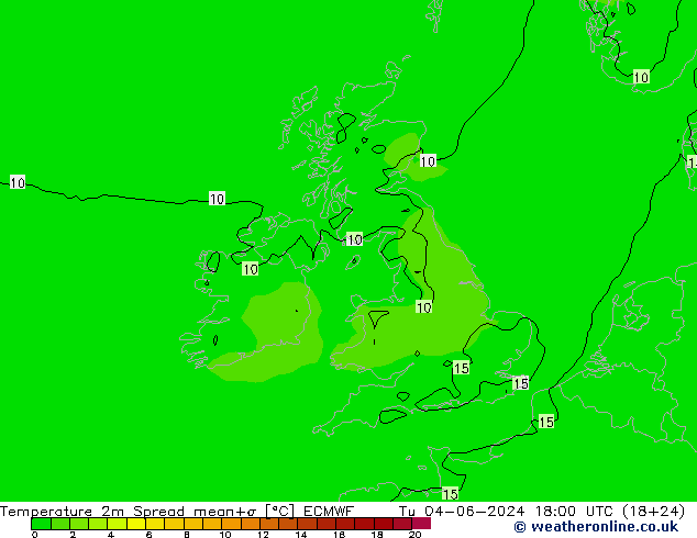 mapa temperatury 2m Spread ECMWF wto. 04.06.2024 18 UTC