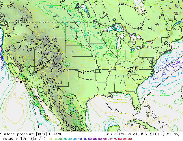 Isotaca (kph) ECMWF vie 07.06.2024 00 UTC