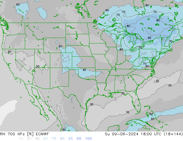 RH 700 hPa ECMWF Su 09.06.2024 18 UTC