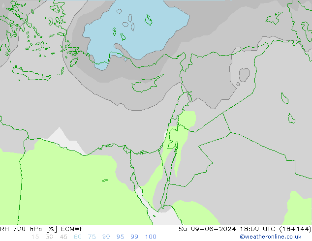 Humedad rel. 700hPa ECMWF dom 09.06.2024 18 UTC