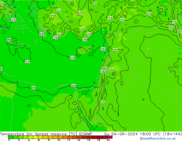 Temperatura 2m Spread ECMWF dom 09.06.2024 18 UTC