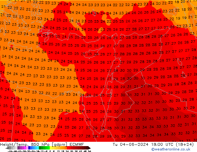 Hoogte/Temp. 850 hPa ECMWF di 04.06.2024 18 UTC