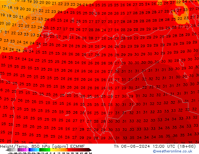 Height/Temp. 850 hPa ECMWF Th 06.06.2024 12 UTC