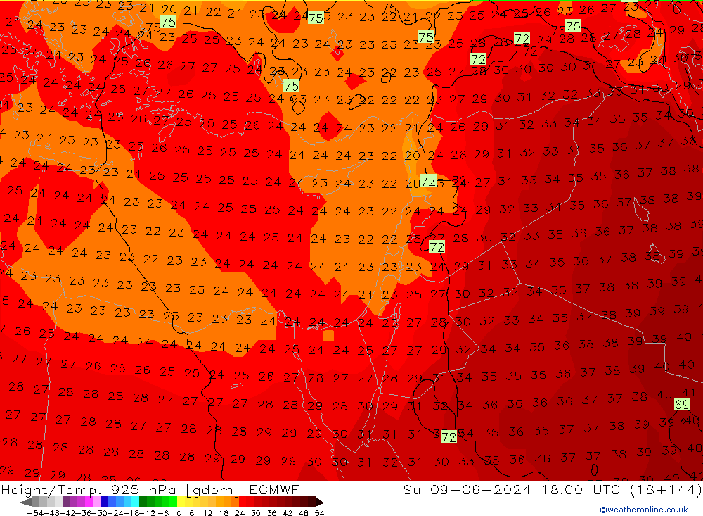 Height/Temp. 925 hPa ECMWF Su 09.06.2024 18 UTC