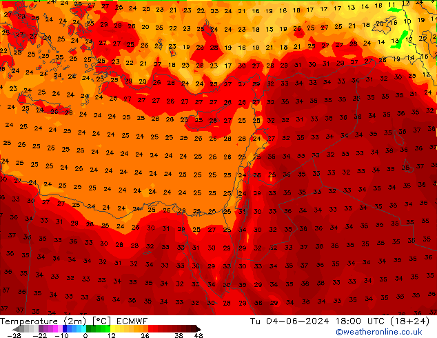 Temperatuurkaart (2m) ECMWF di 04.06.2024 18 UTC