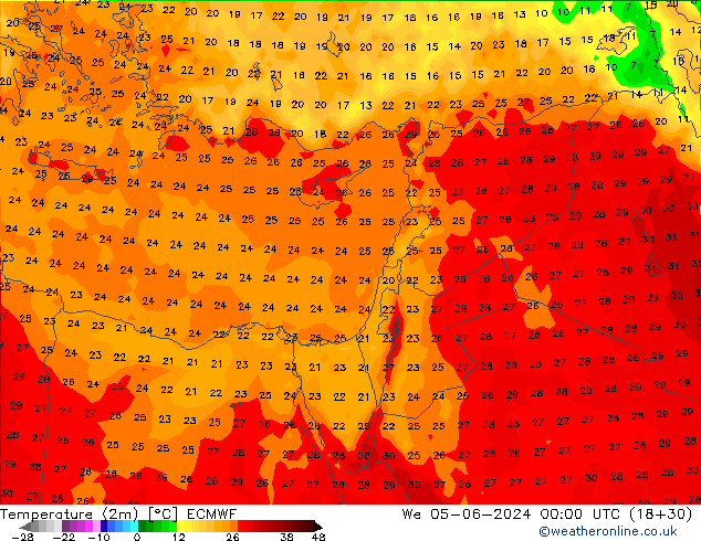 Temperatura (2m) ECMWF mer 05.06.2024 00 UTC