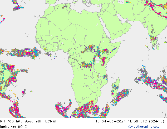 RH 700 гПа Spaghetti ECMWF вт 04.06.2024 18 UTC